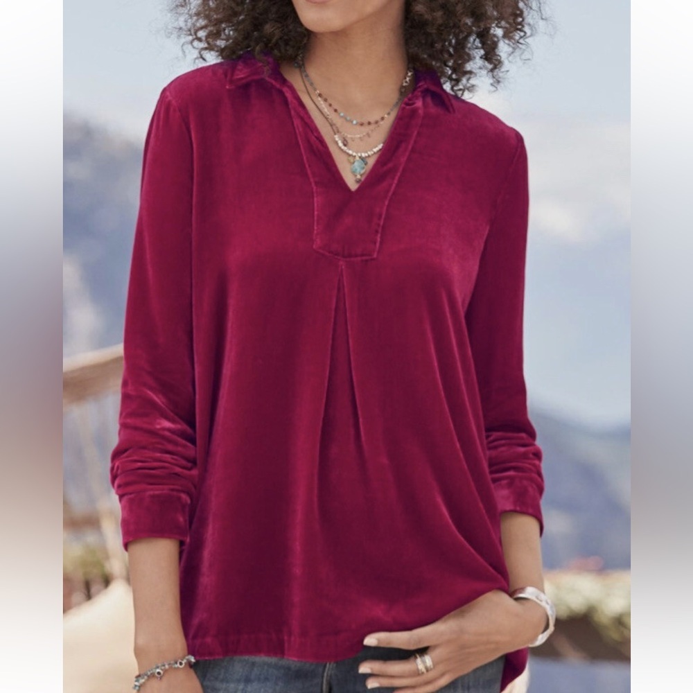 Sundance Silk Blend Velvet Nuance Collared Pullover Top Raspberry Red Large